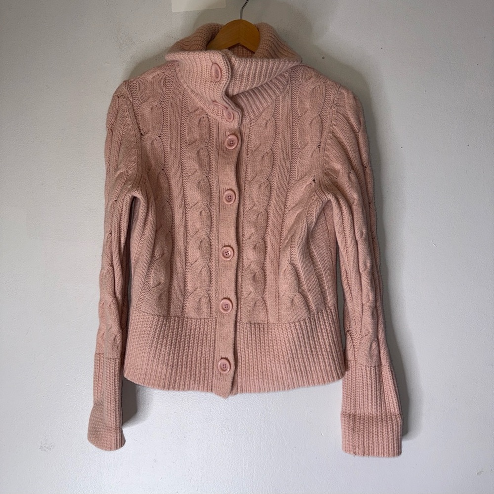 Vtg Loft Lambswool Angora Cable Knit Cowl Neck Button Down Cardigan Light Pink M